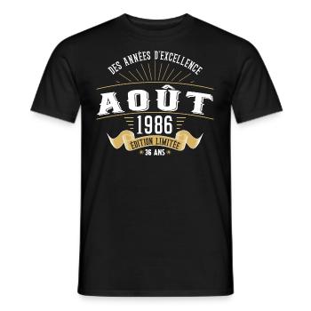 36 Ans Anniversaire Vintage Né(e) en Août 1986 - T-shirt homme - noir - Devant - AI Model Male 178 light (178cm)