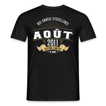 11 Ans Anniversaire Vintage Né(e) en Août 2011 - T-shirt homme - noir - Devant - AI Model Male 178 light (178cm)