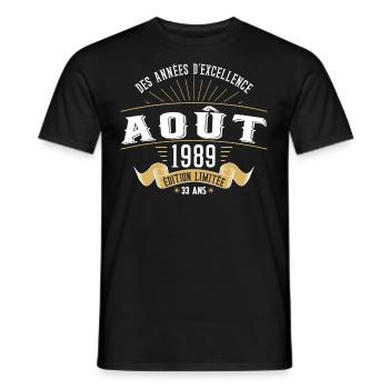 33 Ans Anniversaire Vintage Né(e) en Août 1989 - T-shirt homme - noir - Devant - AI Model Male 178 light (178cm)