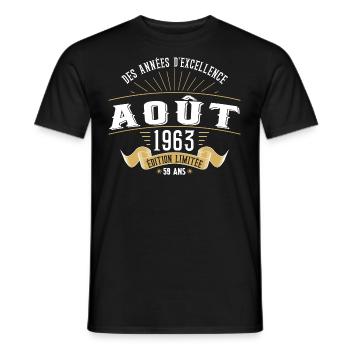 59 Ans Anniversaire Vintage Né(e) en Août 1963 - T-shirt homme - noir - Devant - AI Model Male 178 light (178cm)