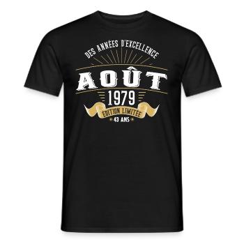 43 Ans Anniversaire Vintage Né(e) en Août 1979 - T-shirt homme - noir - Devant - AI Model Male 178 light (178cm)