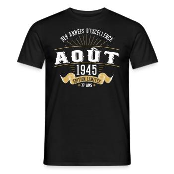 77 Ans Anniversaire Vintage Né(e) en Août 1945 - T-shirt homme - noir - Devant - AI Model Male 178 light (178cm)
