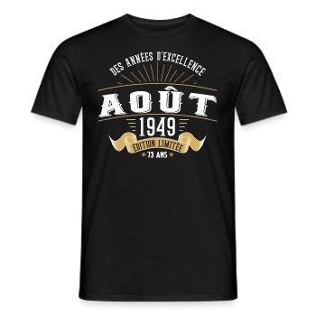 73 Ans Anniversaire Vintage Né(e) en Août 1949 - T-shirt homme - noir - Devant - AI Model Male 178 light (178cm)