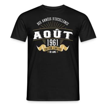 61 Ans Anniversaire Vintage Né(e) en Août 1961 - T-shirt homme - noir - Devant - AI Model Male 178 light (178cm)