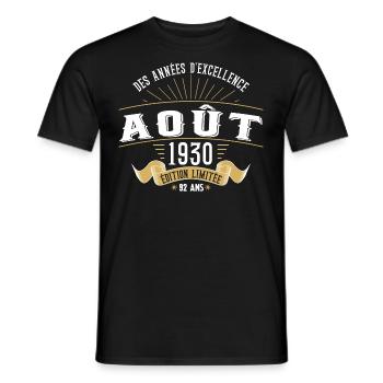 92 Ans Anniversaire Vintage Né(e) en Août 1930 - T-shirt homme - noir - Devant - AI Model Male 178 light (178cm)