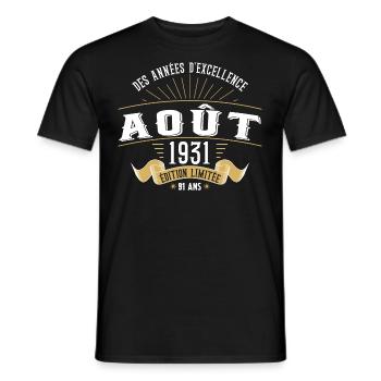 91 Ans Anniversaire Vintage Né(e) en Août 1931 - T-shirt homme - noir - Devant - AI Model Male 178 light (178cm)