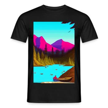 Landscape with lake, boat and mountains - Men's T-Shirt - black - Front - AI Model Male 178 light (178cm)