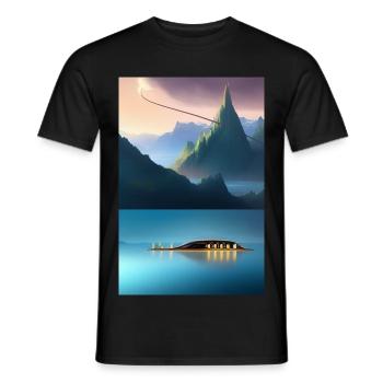 Landscape with lake, boat and mountains - Men's T-Shirt - black - Front - AI Model Male 178 light (178cm)