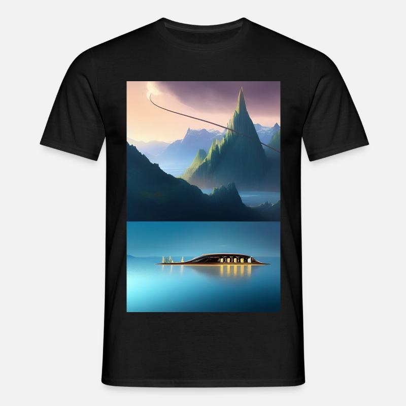 Landschaft mit See, Boot und Berge - Männer T-Shirt - Schwarz