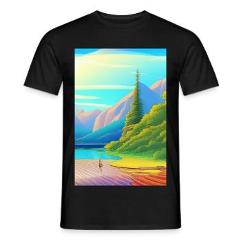 Landscape with lake, boat and mountains - Men's T-Shirt - black - Front - AI Model Male 178 light (178cm)