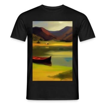 Landscape with lake, boat and mountains - Men's T-Shirt - black - Front - AI Model Male 178 light (178cm)