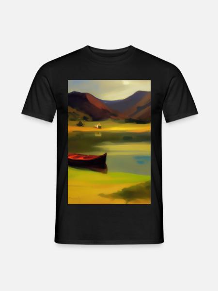 Landscape with lake, boat and mountains - Men's T-Shirt - black