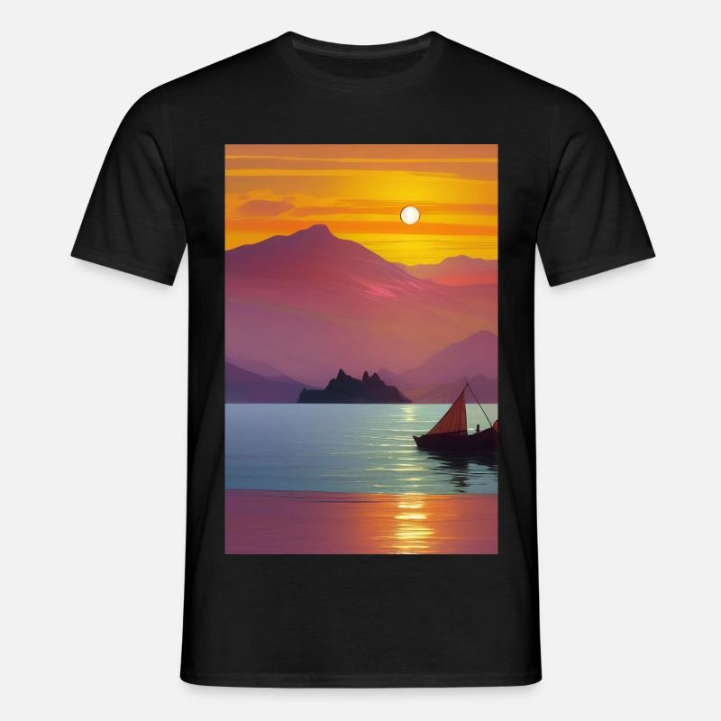 Landschaft mit See, Boot und Berge - Männer T-Shirt - Schwarz