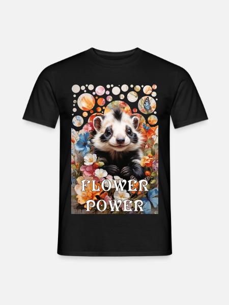 Hippie Flower Power cute skunk in a sea of flowers - Men's T-Shirt - black