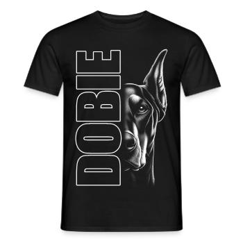 Dobermann Porträt mit vertikalem Schriftzug DOBIE - Männer T-Shirt - Schwarz - Vorne - AI Model Male 178 light (178cm)