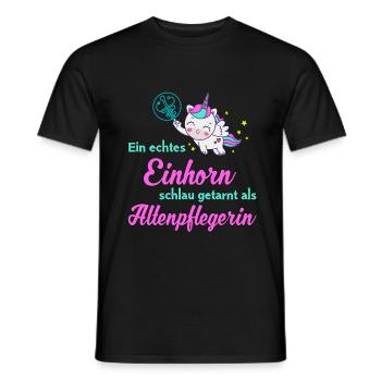 Ein Einhorn schlau getarnt als Altenpflegerin - Männer T-Shirt - Schwarz - Vorne - AI Model Male 178 light (178cm)