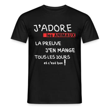 J'adore les animaux la preuve j'en mange - T-shirt homme - noir - Devant - AI Model Male 178 light (178cm)