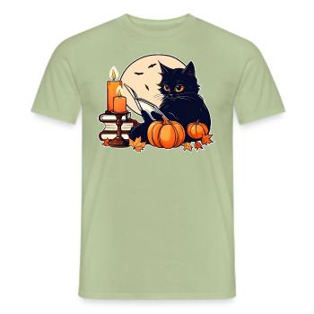 Black cat in Halloween mood - Men's T-Shirt - sage - Front - AI Model Male 178 light (178cm)
