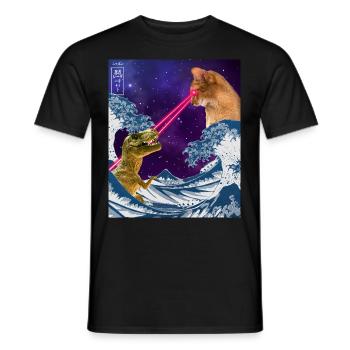 Japan Comic Great Wave Cat Vs Dinoaur T-Rex Otaku - Männer T-Shirt - Schwarz - Vorne - AI Model Male 178 light (178cm)
