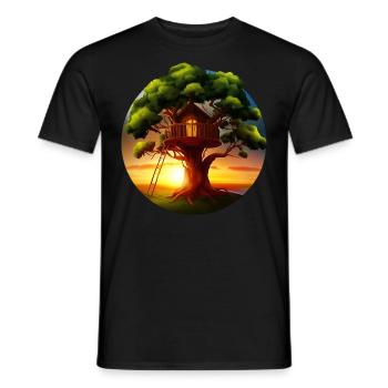 Cabane dans les arbres au coucher du soleil - T-shirt homme - noir - Devant - AI Model Male 178 light (178cm)