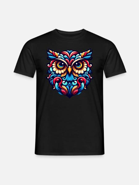 EULE UHU GREIFVOGEL WALDKAUZ FEDER REGENBOGEN BUNT - Männer T-Shirt - Schwarz