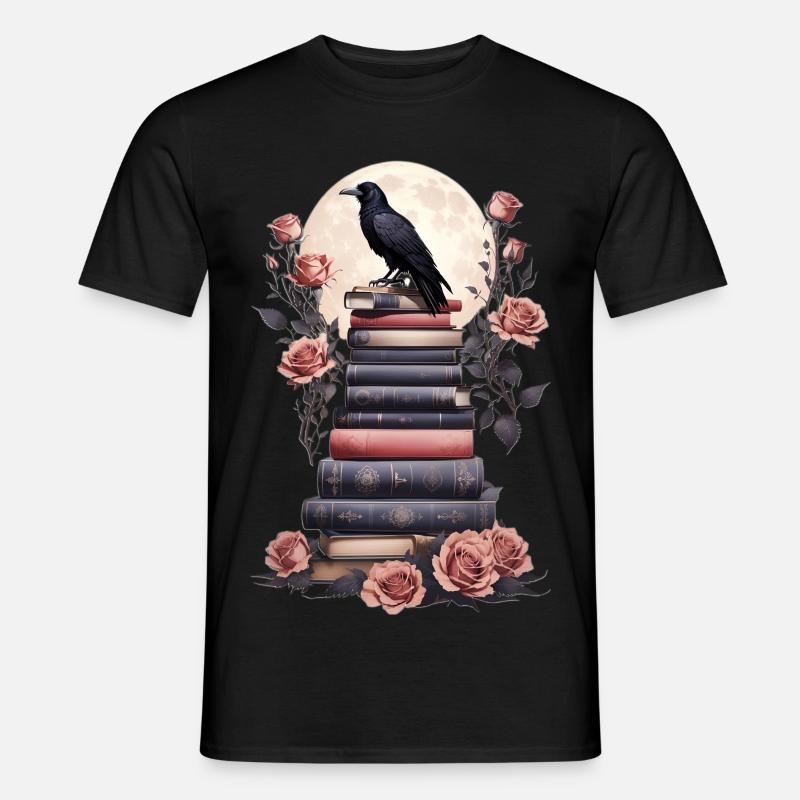 Bücherstapel mit Rabe - Männer T-Shirt - Schwarz