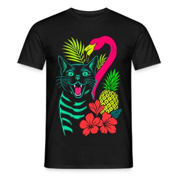 Tropical Cat & Flamingo - Summer 2025 - Men's T-Shirt - black - Front - AI Model Male 178 light (178cm)