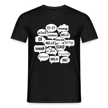 Speech bubbles with "hello" in different languages - Men's T-Shirt - black - Front - AI Model Male 178 light (178cm)