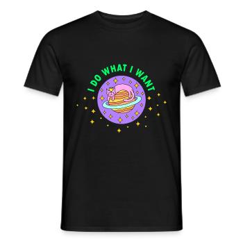 Funny cat in space "I do what I want" - Men's T-Shirt - black - Front - AI Model Male 178 light (178cm)
