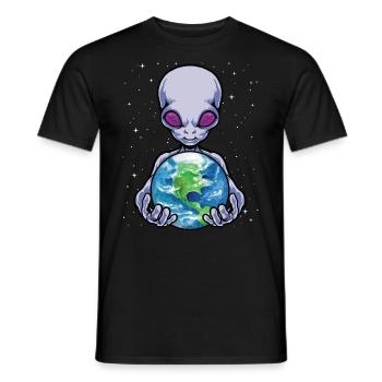 Alien hält Erde Weltraum Kosmisches Universum - Männer T-Shirt - Schwarz - Vorne - AI Model Male 178 light (178cm)
