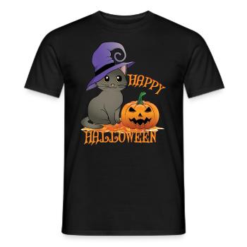 Fröhliche Halloween Katze mit Kürbis und Hexenhut - Männer T-Shirt - Schwarz - Vorne - AI Model Male 178 light (178cm)