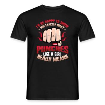 Show what "punches like a girl" means: - Men's T-Shirt - black - Front - AI Model Male 178 light (178cm)