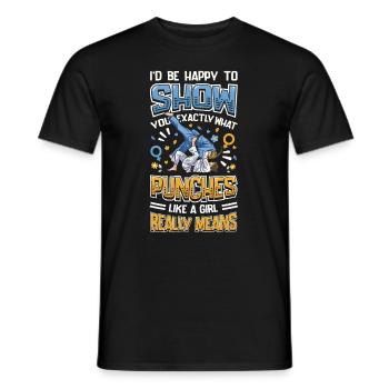 Show what "punches like a girl" means: - Men's T-Shirt - black - Front - AI Model Male 178 light (178cm)