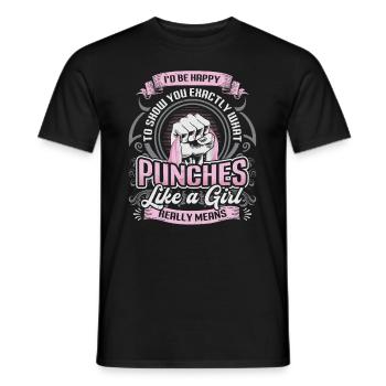 Show what "punches like a girl" means: - Men's T-Shirt - black - Front - AI Model Male 178 light (178cm)