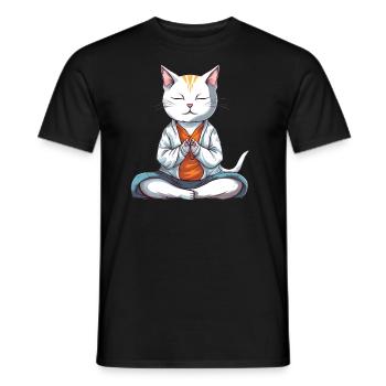 weiße Yogakatze, die in Lotusposition meditiert - Männer T-Shirt - Schwarz - Vorne - AI Model Male 178 light (178cm)
