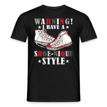 "WARNING: I have a shoe-nique style" Funny - Men's T-Shirt - black - Front - AI Model Male 178 light (178cm)