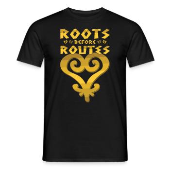 "Roots Before Routes" Sankofa Icon - Men's T-Shirt - black - Front - AI Model Male 178 light (178cm)