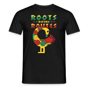 "Roots Before Routes" Bird Icon Sankofa Art - Men's T-Shirt - black - Front - AI Model Male 178 light (178cm)