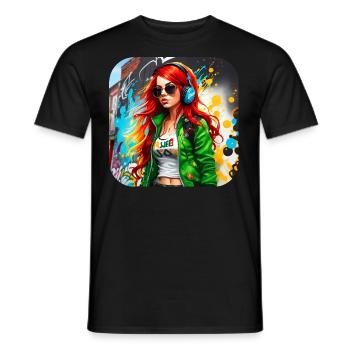 Cool Irish redhead girl with headphones - Men's T-Shirt - black - Front - AI Model Male 178 light (178cm)