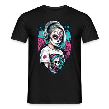 Sugar Skull Girl in a Shield Frame - Men's T-Shirt - black - Front - AI Model Male 178 light (178cm)