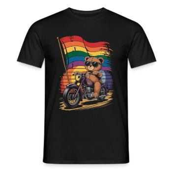 Teddy Bear Rides Motorcycle LGBTQ Rainbow Banner - Men's T-Shirt - black - Front - AI Model Male 178 light (178cm)