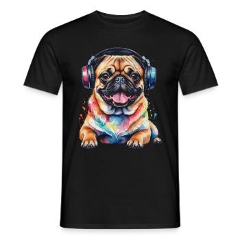 Mops Kopfhörer Hund Bunt Lustig Tier Design Print - Männer T-Shirt - Schwarz - Vorne - AI Model Male 178 light (178cm)