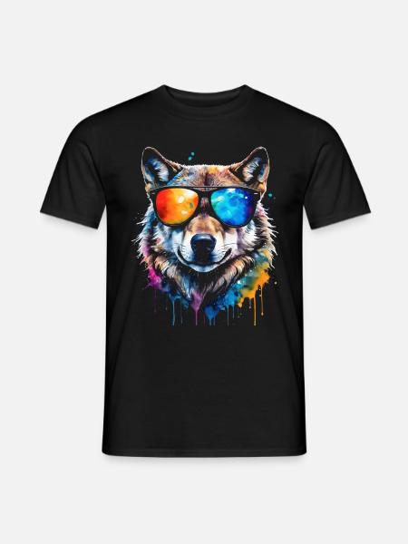 Wolf Sonnenbrille Bunt Tier Design Print - Männer T-Shirt - Schwarz