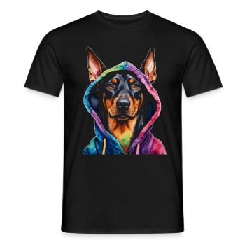 Dobermann Hoodie Hund Bunt Lustig Tier Print - Männer T-Shirt - Schwarz - Vorne - AI Model Male 178 light (178cm)