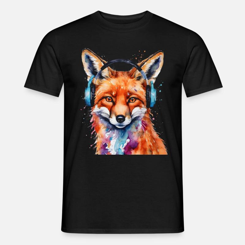 Fuchs Kopfhörer Musik Bunt Tier Design Print - Männer T-Shirt - Schwarz