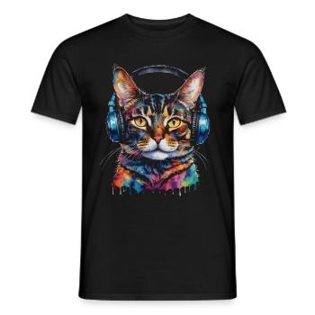 Casque de chat coloré drôle animal design imprimé - T-shirt homme - noir - Devant - AI Model Male 178 light (178cm)