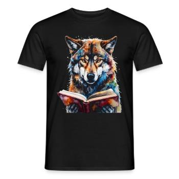 Wolf Lesen Buch Bunt Tier Design Print - Männer T-Shirt - Schwarz - Vorne - AI Model Male 178 light (178cm)