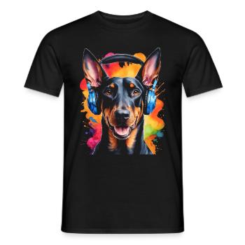 Dobermann Kopfhörer Hund Lustig Tier Design Print - Männer T-Shirt - Schwarz - Vorne - AI Model Male 178 light (178cm)