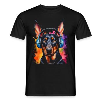 Dobermann Kopfhörer Hund Lustig Tier Design Print - Männer T-Shirt - Schwarz - Vorne - AI Model Male 178 light (178cm)