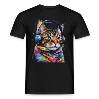 Katze Kopfhörer Bunt Lustig Tier Design Print - Männer T-Shirt - Schwarz - Vorne - AI Model Male 178 light (178cm)
